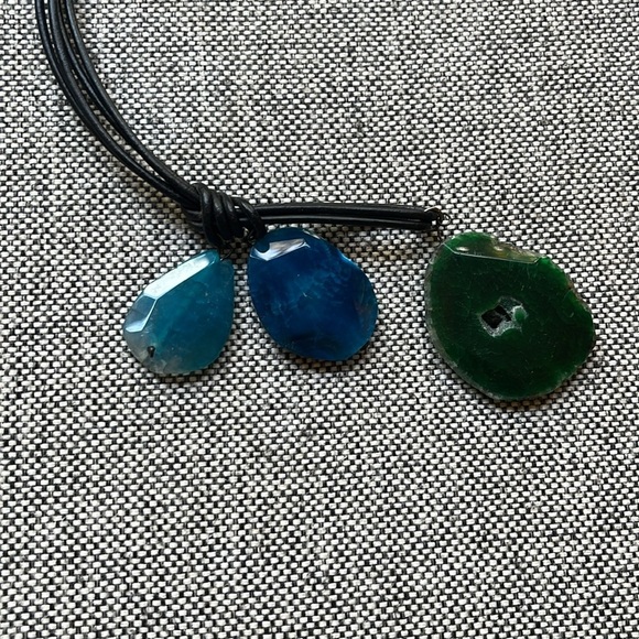 Handmade Blue and Green Stone Necklace with brown cord , Made in Athens, Greece - Picture 9 of 17